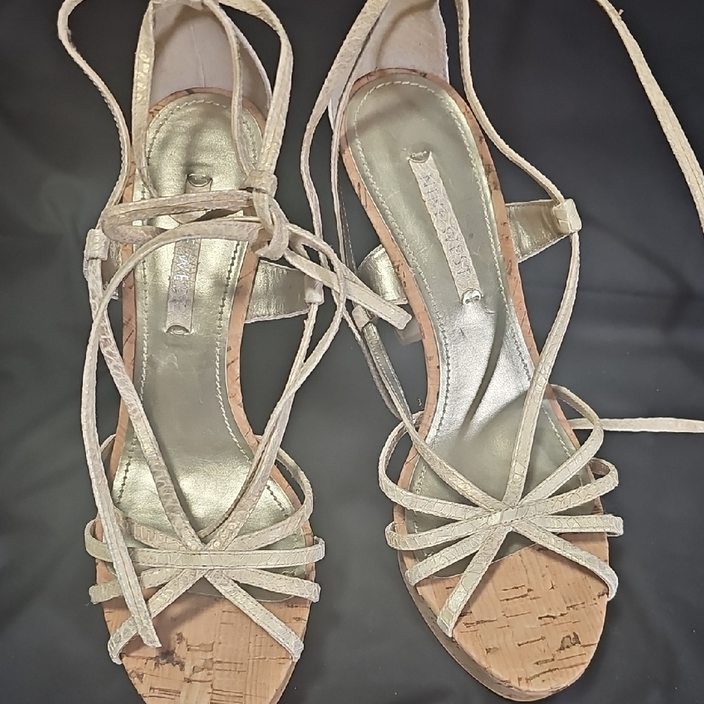 Nine West Gold Strappy Sandals with Cork Platform